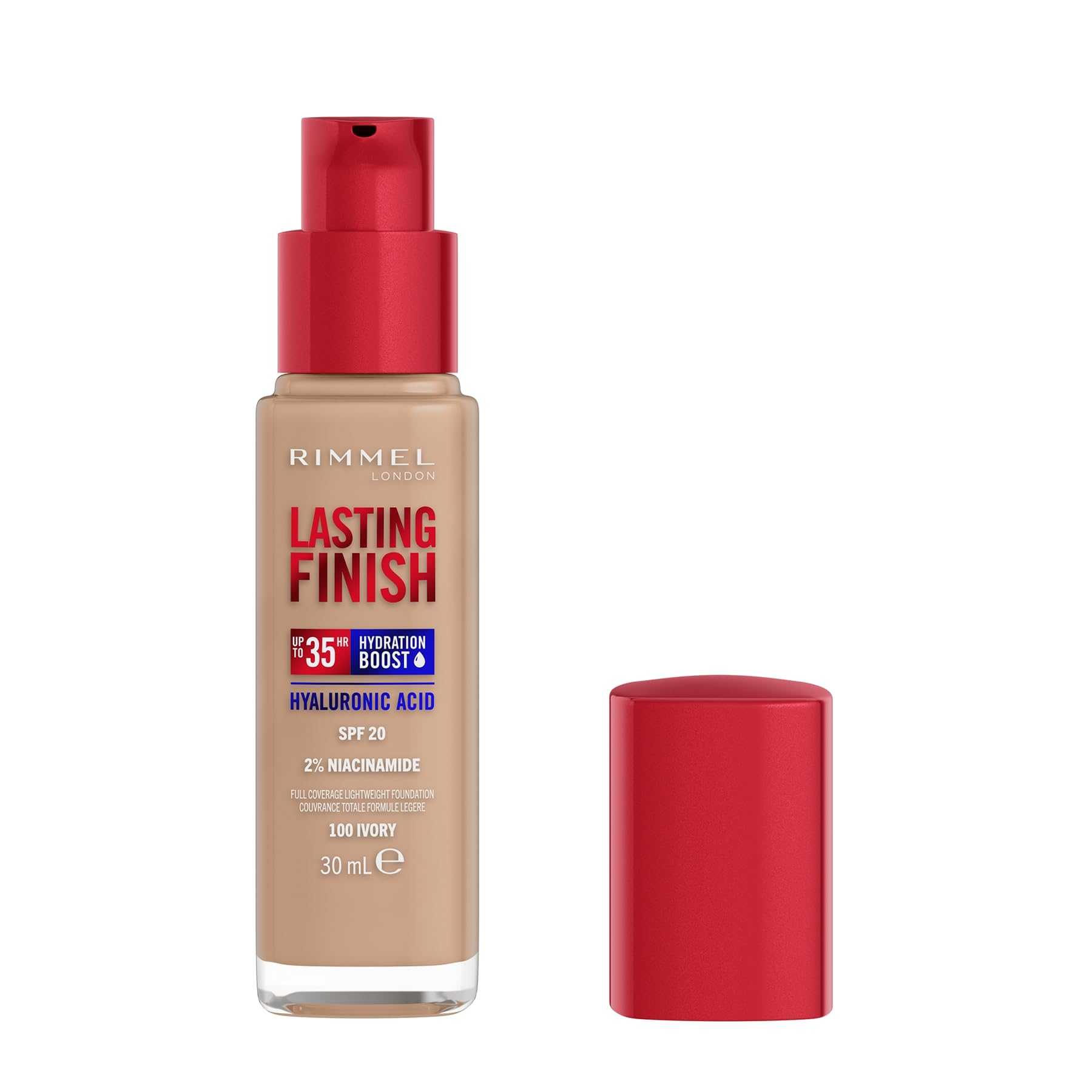 Rimmel Lasting Finish Up To 35Hr Hydration Boost Hyaluronic Acid Spf20, 100 Ivory, 30Ml