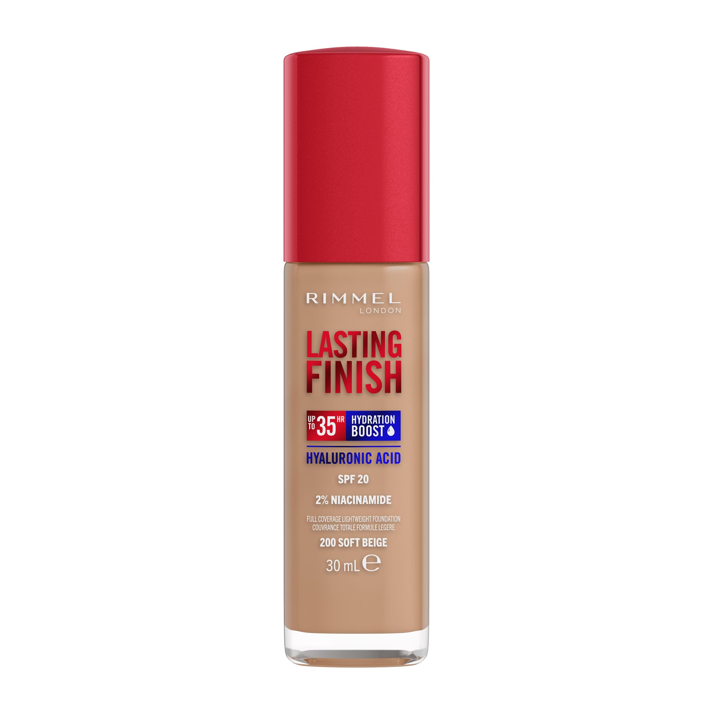 Rimmel Lasting Finish Up To 35Hr Hydration Boost Hyaluronic Acid Spf20, 200 Soft Beige, 30Ml